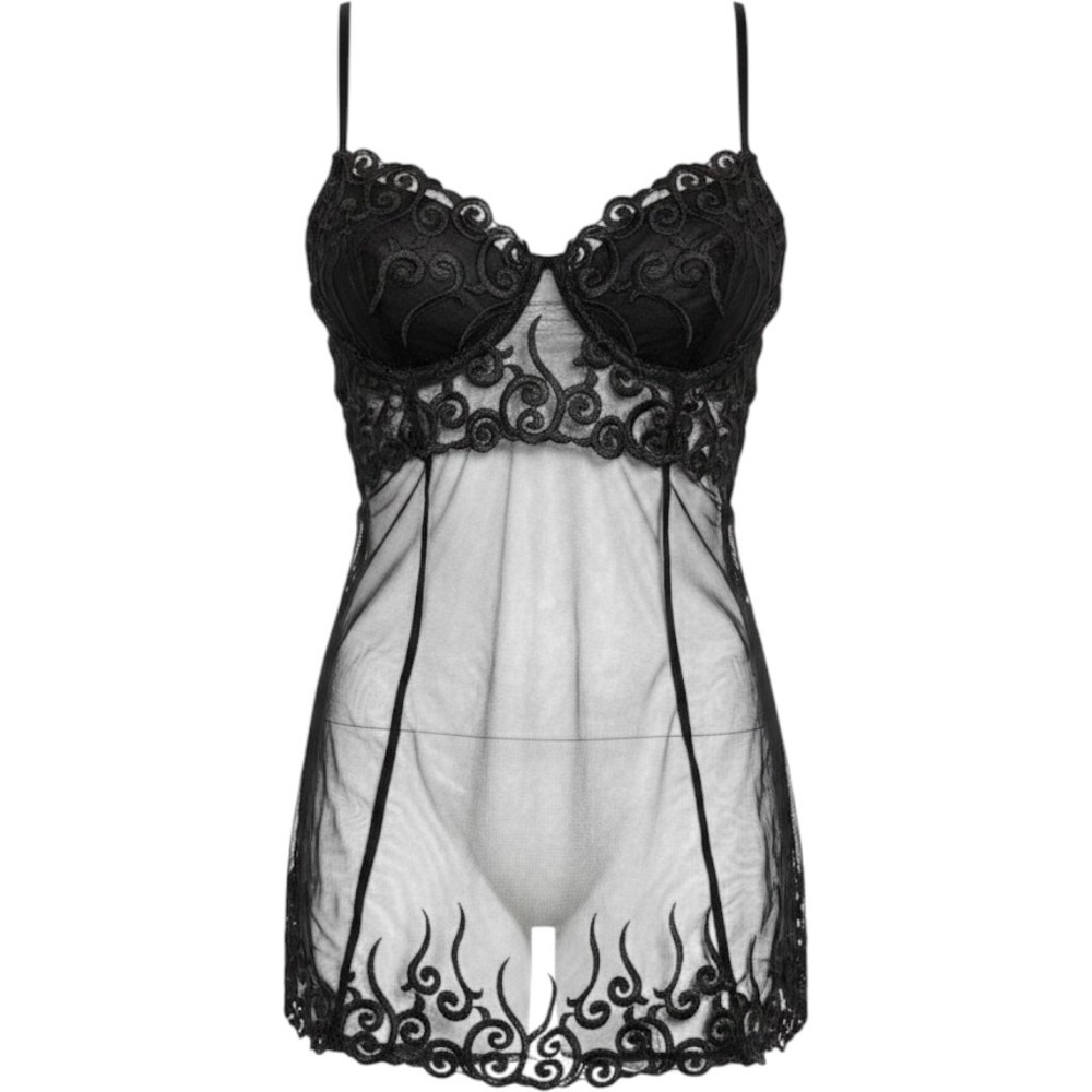 Shirley‎ of Hollywood Black Embroidered Mesh Babydoll Chemise 20466 L